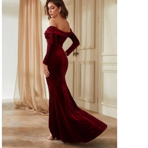 Party evening dress gown velvet long maxi off shoulder sexy burgundy red - Picture 2 of 7